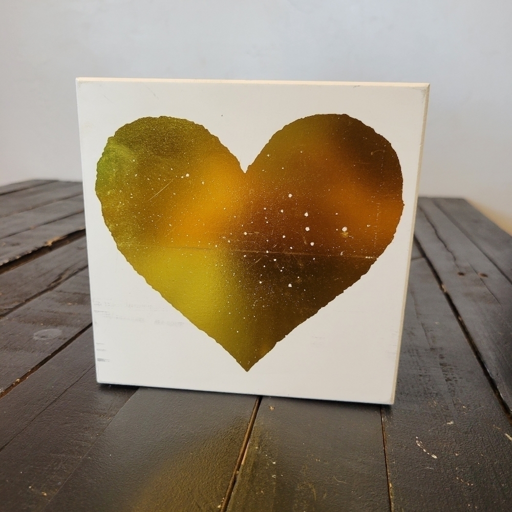 Wooden Sign White Wood Metallic Gold Heart Home Decor Decoration 6" x 6"